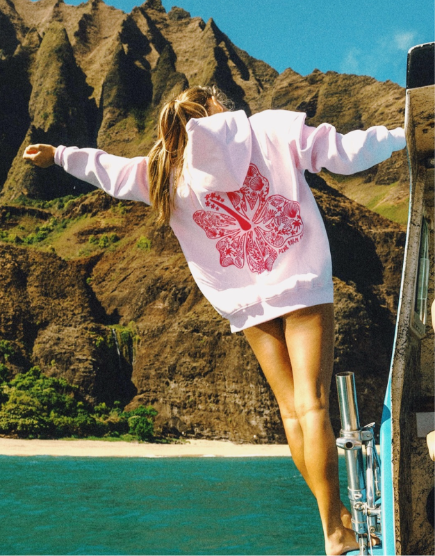 Pink Palm Puff Hawaii Hibiscus Hoodie in Blush