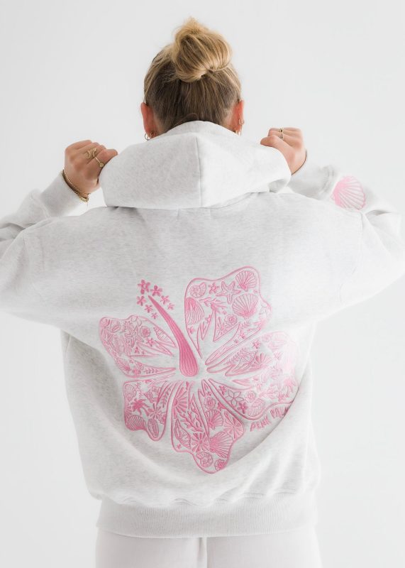 Pink Palm Puff Hawaii Hibiscus Hoodie in Heather Cloud