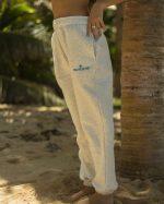 Pink Palm Puff Sweatpants in Heather White