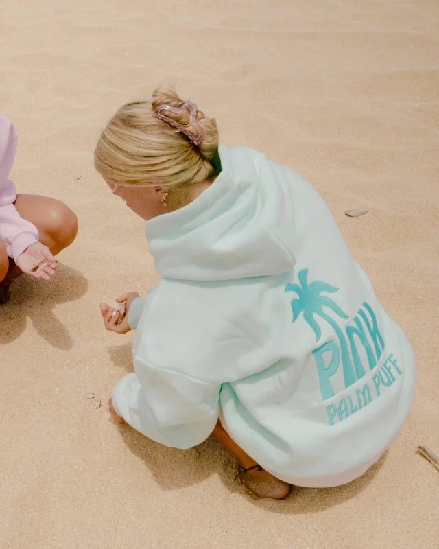 Classic Pink Palm Puff Hoodie in Mint Breeze