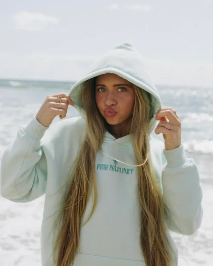 Classic Pink Palm Puff Hoodie in Mint Breeze