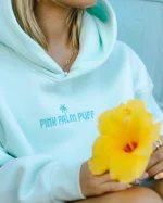 Classic Pink Palm Puff Hoodie in Mint Breeze