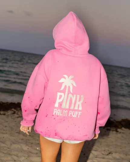 Classic Pink Palm Puff Hoodie in Raspberry