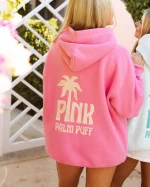 Classic Pink Palm Puff Hoodie in Raspberry